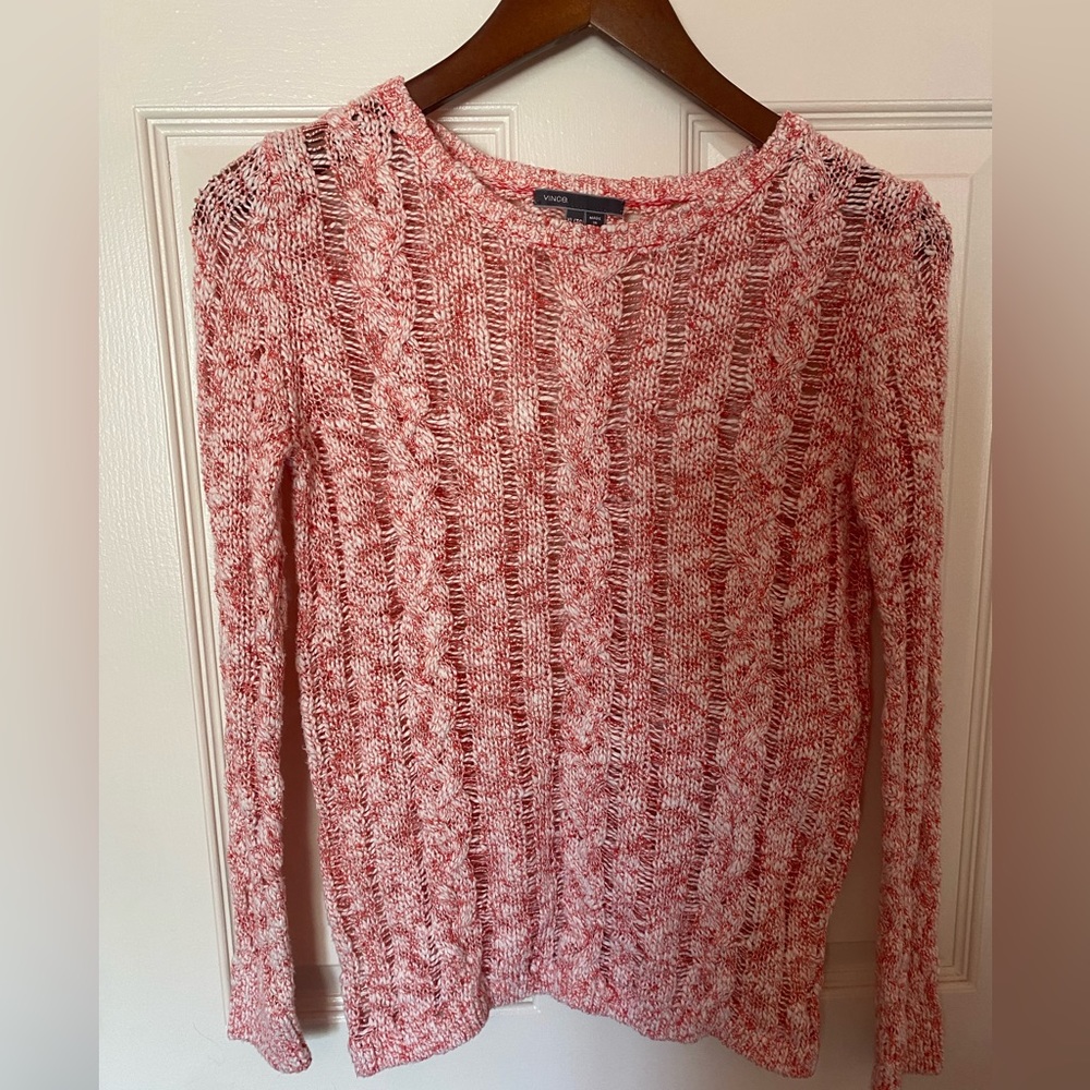 VINCE Red White Marled Open Knit  Sweater XL (Fits XS/S) Cotton Blend